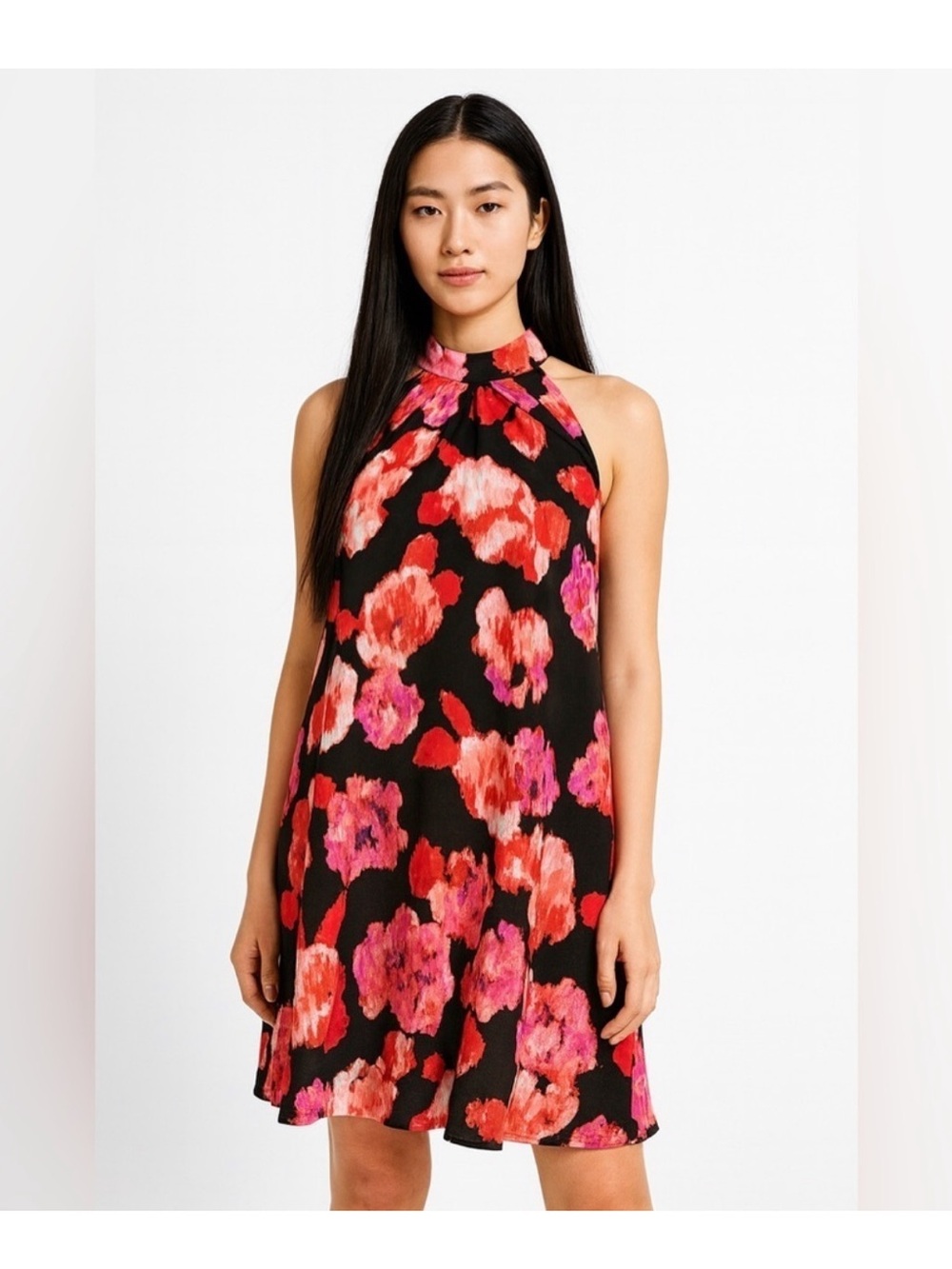 Gianni Bini Black One-Shoulder Halter Dress with Pink & Red Floral